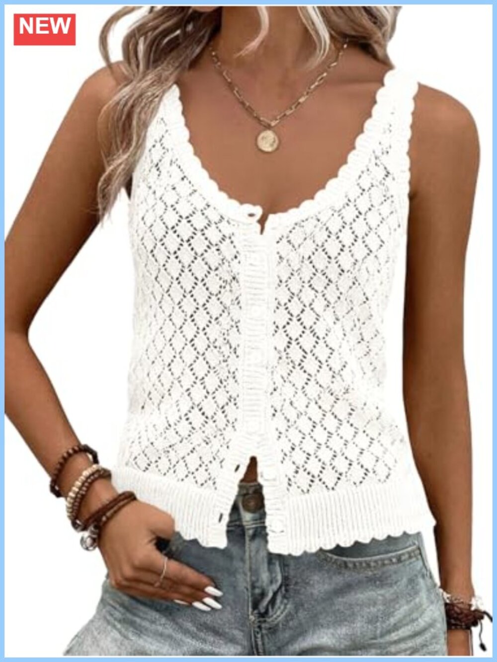 Womens Cotton Knit Crochet Sweater Tank Top Sleeveless Button Down Boho